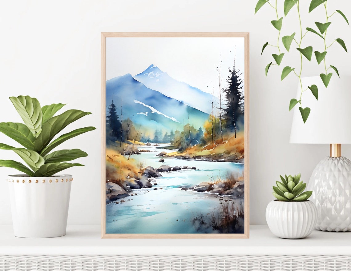 Misty Blue Mountain Peaks Alpine Stream Watercolor Nature Poster - Image 3