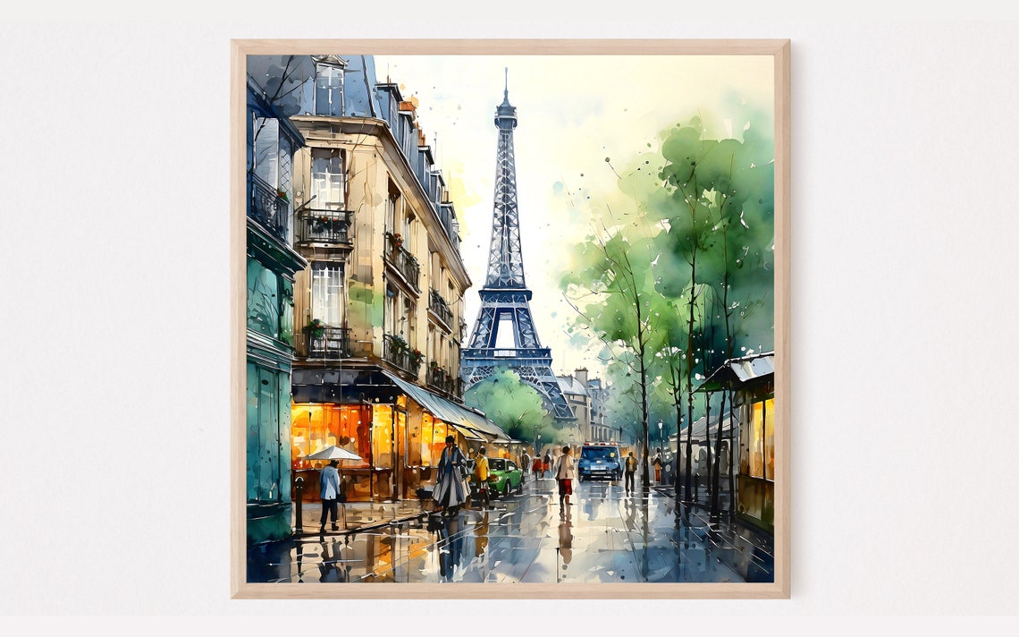 Paris Eiffel Tower Rainy Evening Street Cafe Watercolor Poster