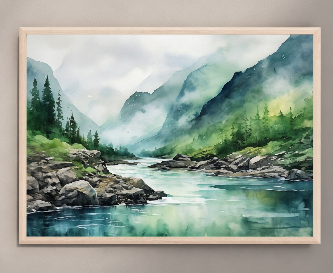 Mountain River Watercolor Print, Misty Forest Landscape - Image 3