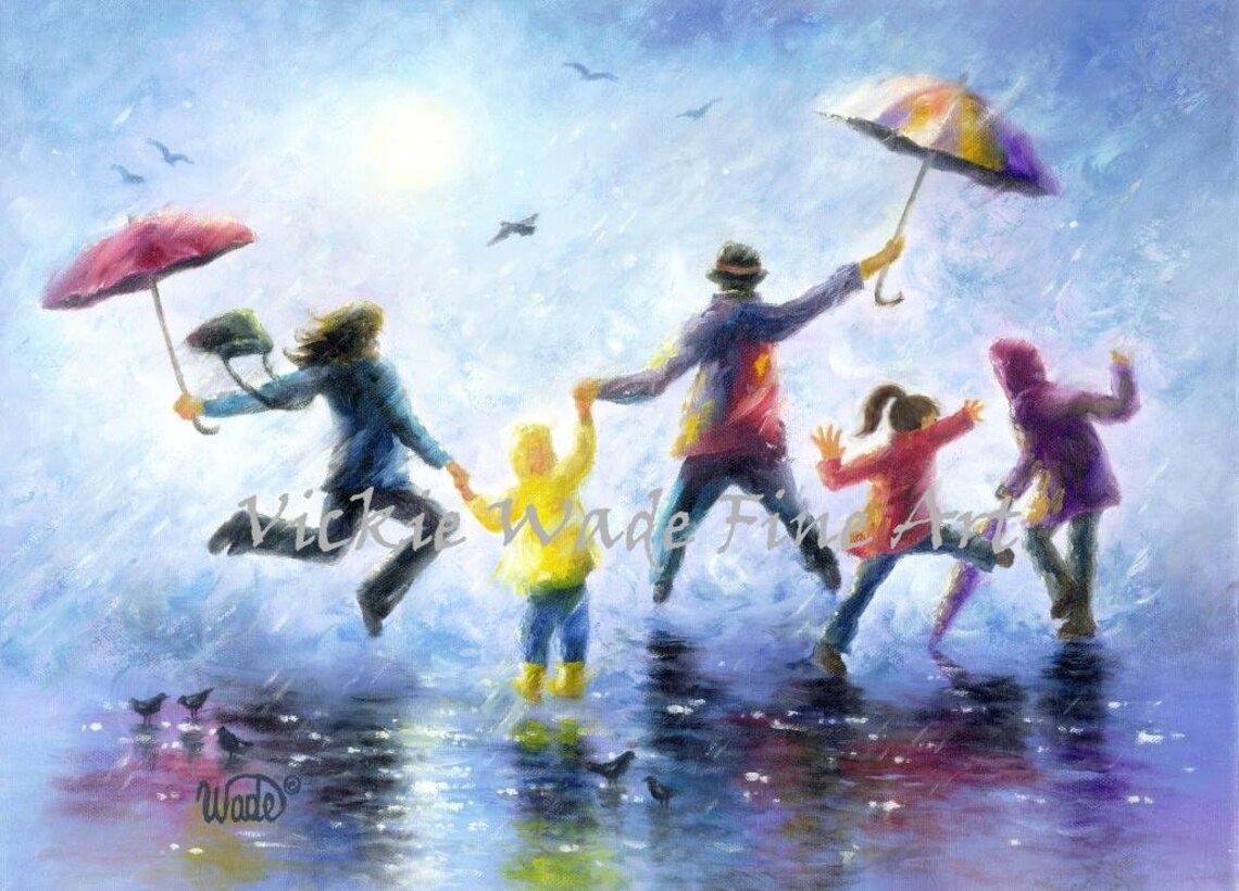 Happy Family Dancing in the Rain with Colorful Umbrellas Poster