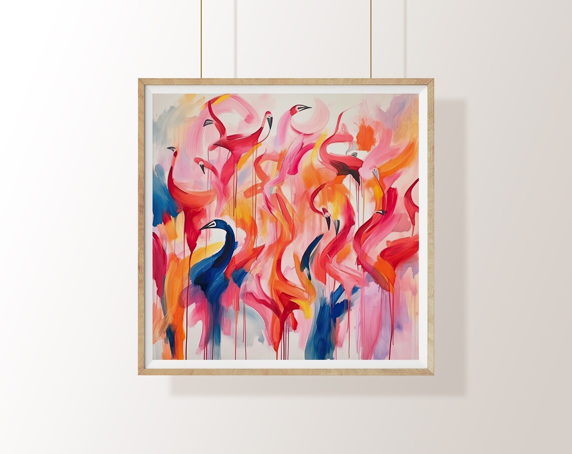 Flock Of Pink Flamingos In Bold Abstract Watercolor Splash Art Poster