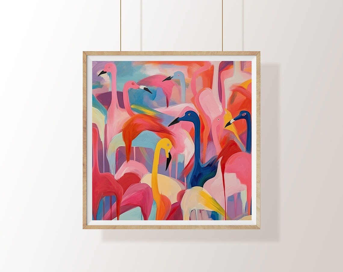 Pink Flamingo Flock Abstract Tropical Bird Painting Art Poster