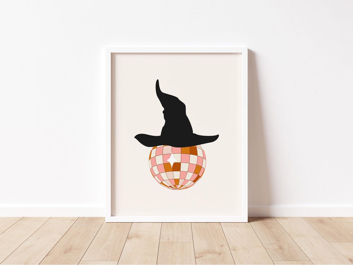 Black Witch Hat on Pink Disco Ball Retro Halloween Party Art Print - Image 2