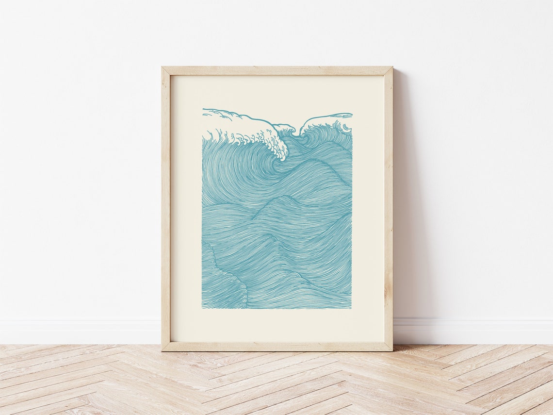 Teal Fine Line Ocean Wave Study Japanese Style Surf Wall Art - Image 2