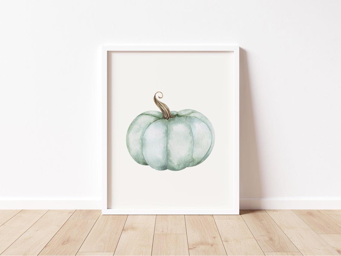 Blue Cinderella Watercolor Pumpkin Minimal Fall Art Print Decor - Image 2