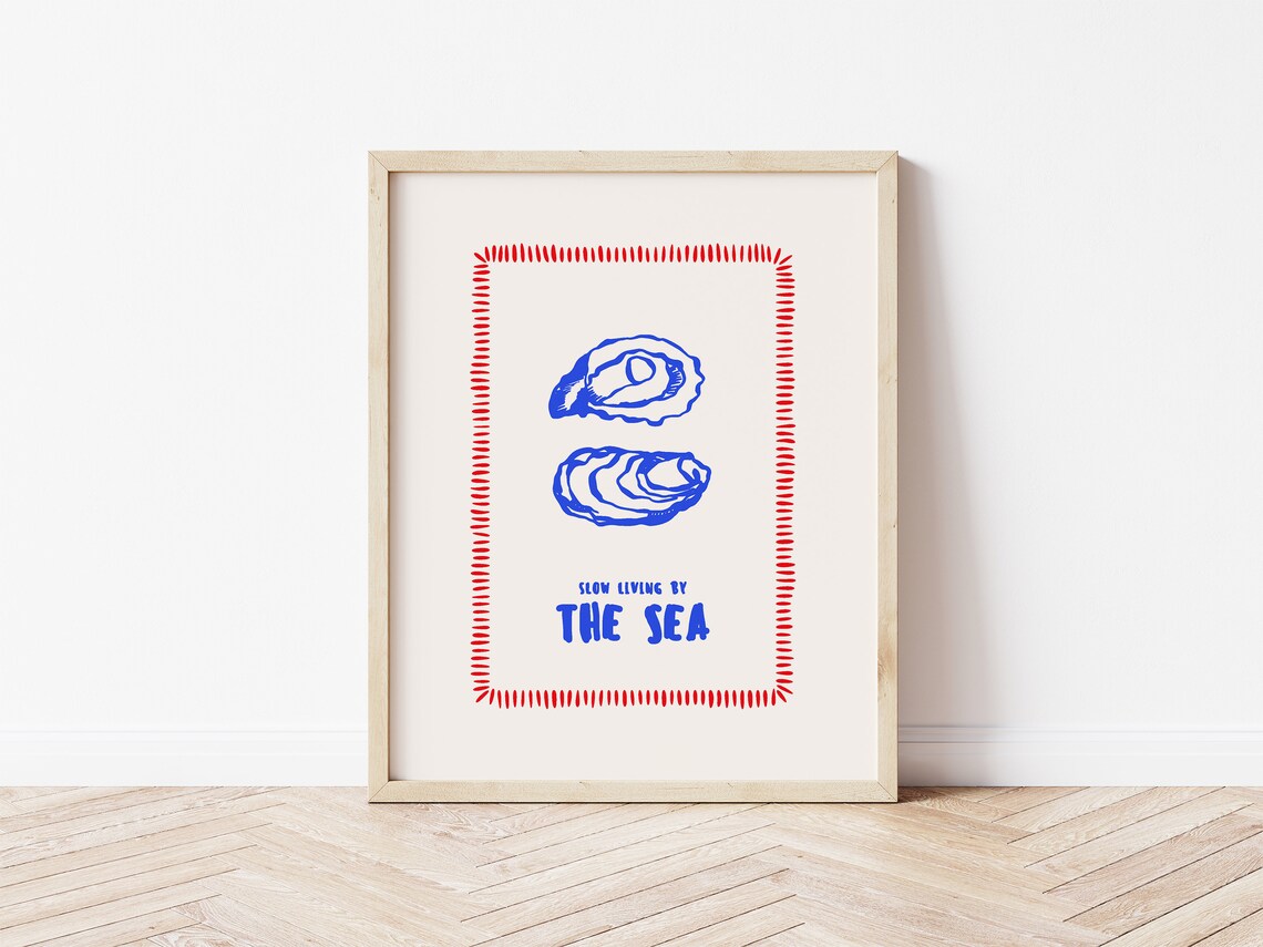 Slow Living By The Sea Blue Oyster Coastal Quote Line Art Poster - Image 2