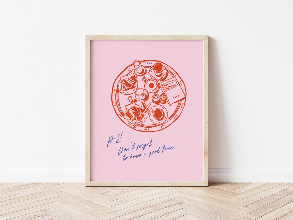 Breakfast Tray Croissant Coffee Red Line Art Good Time Quote Print - Image 2