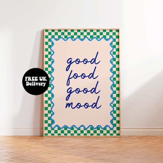 Good Food Good Mood Green Checkered Kitchen Script Poster Cafe Decor