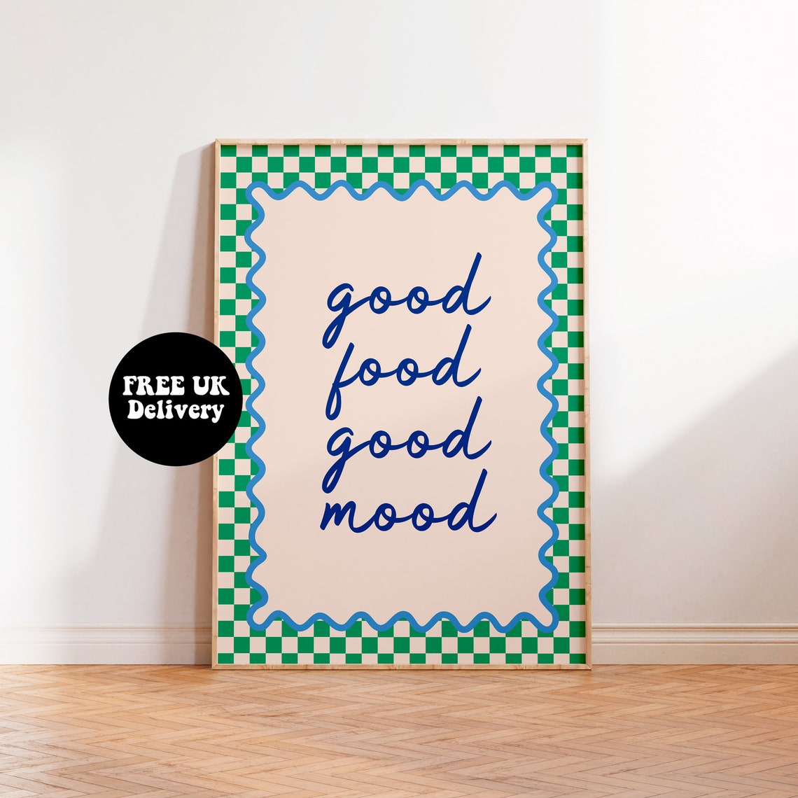 Good Food Good Mood Print Unframed A4 A3 Kitchen Retro Cafe 70s Sage Kitsch Food Positive Gallery Bold Blue Green Kitchen Decor