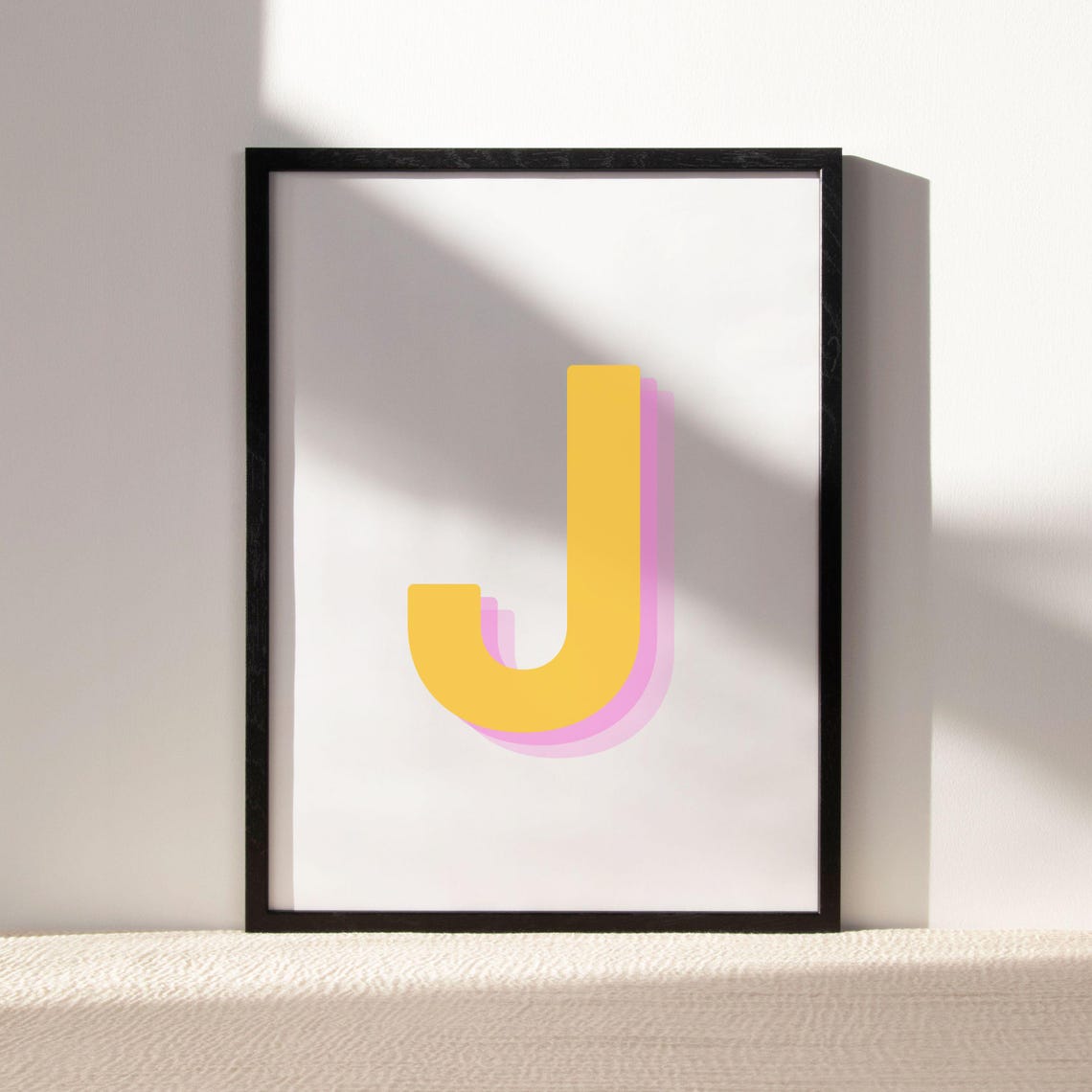 Retro 3d J Alphabet Art Letter J Print Bold Typography In Yellow And Pink Initial Wall Art Initial J Retro Wall Decor - Image 3