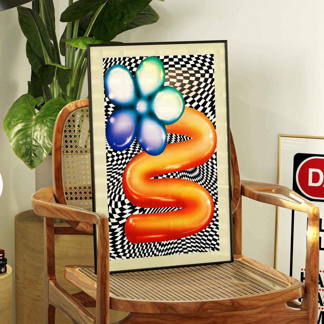 Psychedelic Chrome Flower Poster Checkerboard 3D Abstract Art