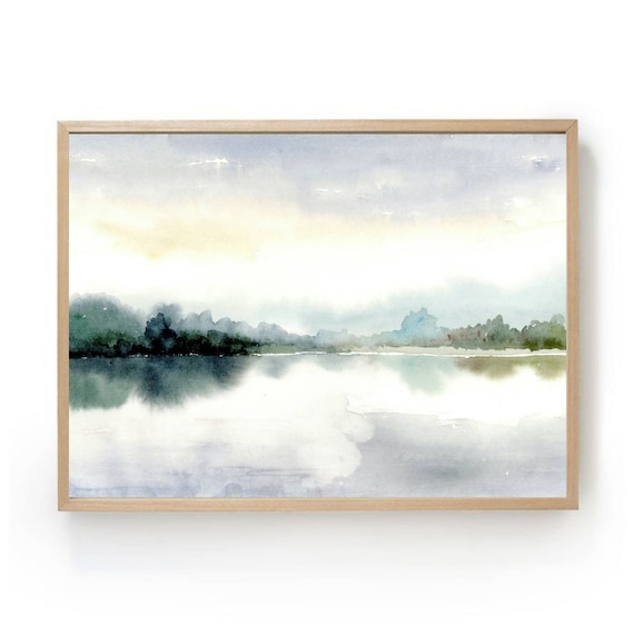 Watercolor Misty Lake Landscape Art Print