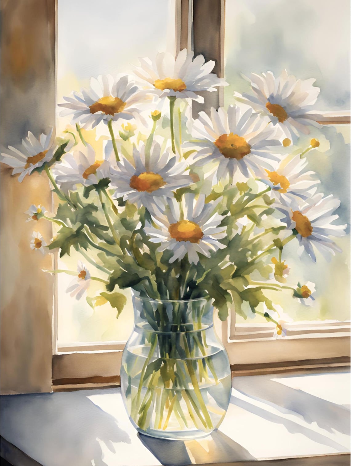 Daisy Flowers Bouquet Watercolor Art Print, Rustic Farmhouse