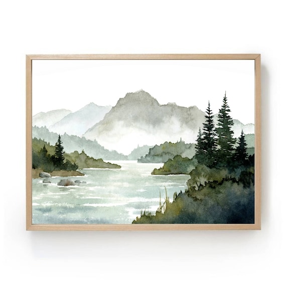 Misty Mountain Watercolor Landscape Art Print