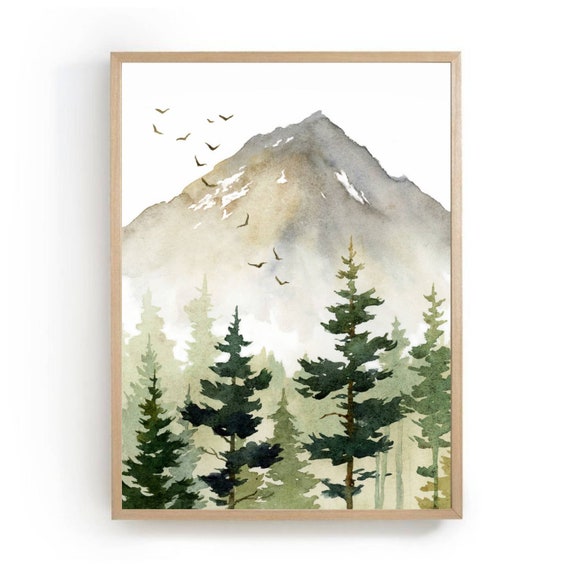 Pine Forest Art Print Mountain Painting Tree Wall Watercolor Prints Lagre Minimalist Beige Gray Green Decor