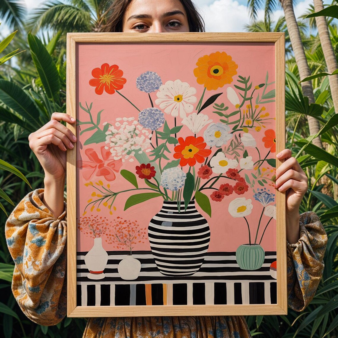 Whimsical Wildflower Bouquet Poster Striped Vase Pink Cottagecore Art