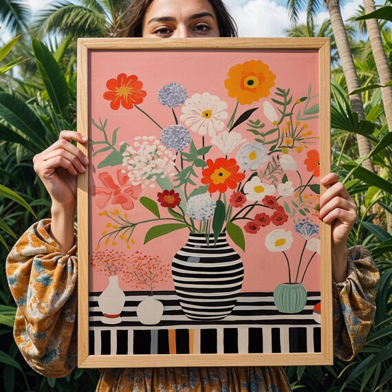 Still Life Kitchen Poster Pink Floral Vase On Striped Table Art Print Illustration Whimsical Dining Room Drawing