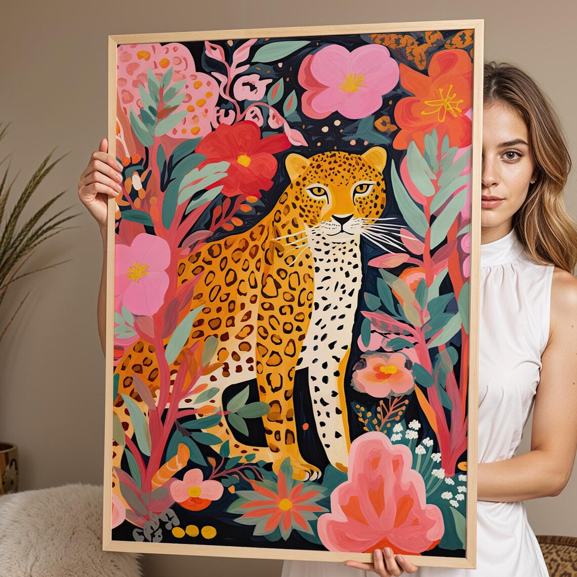 Leopard in Bold Floral Jungle Garden Colorful Boho Animal Poster