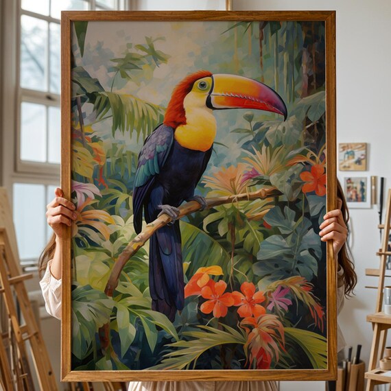 Jungle Bird Poster Tropical Toucan Wall Art Print Illustration In Colorful Botanical Style Fun Drawing