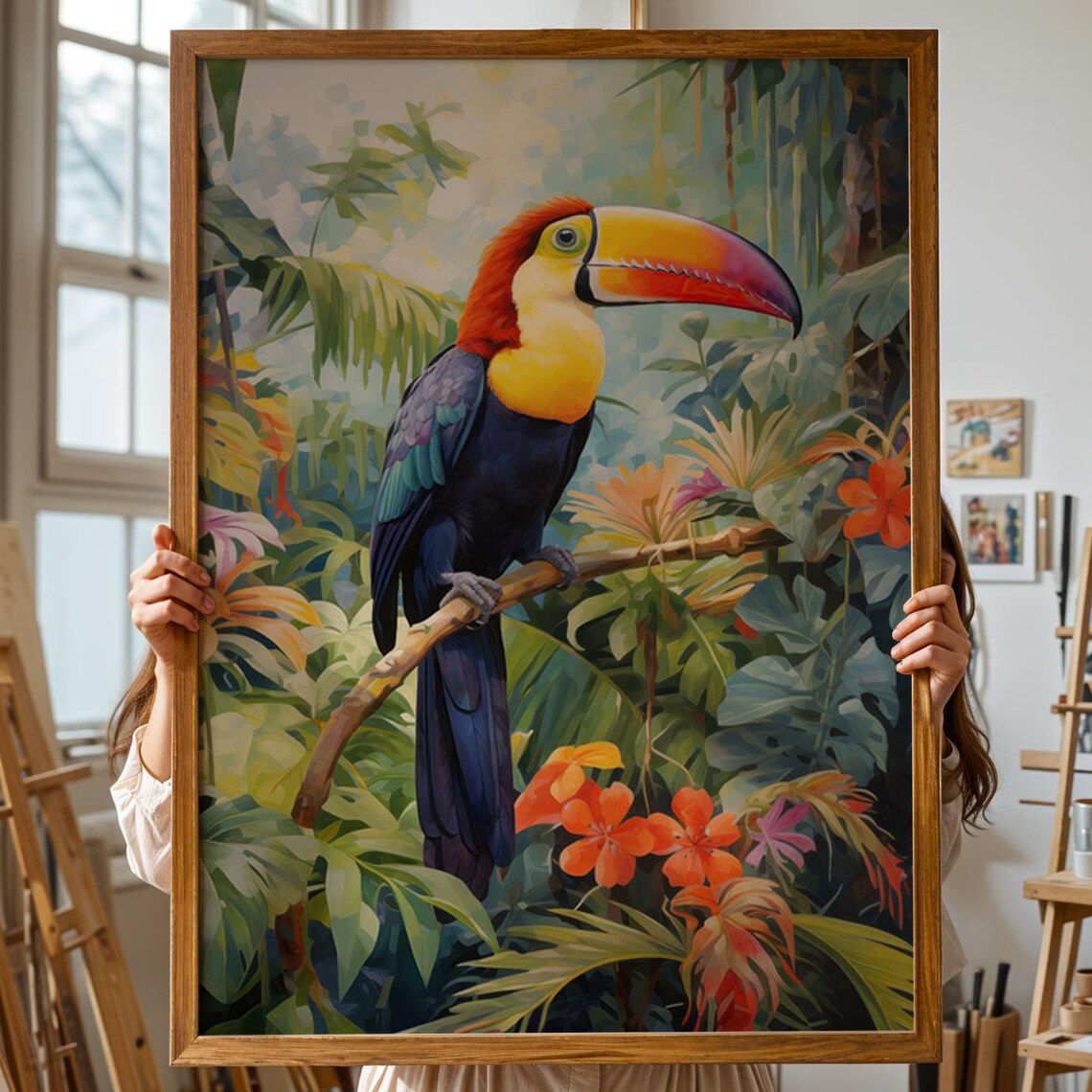 Jungle Bird Poster Tropical Toucan Wall Art Print Illustration In Colorful Botanical Style Fun Drawing