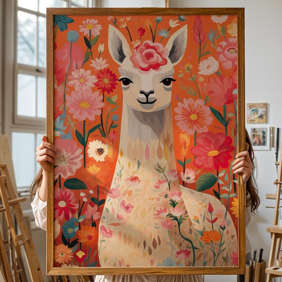 Sweet Smiling Llama Surrounded by Pink Flowers Boho Nursery Poster