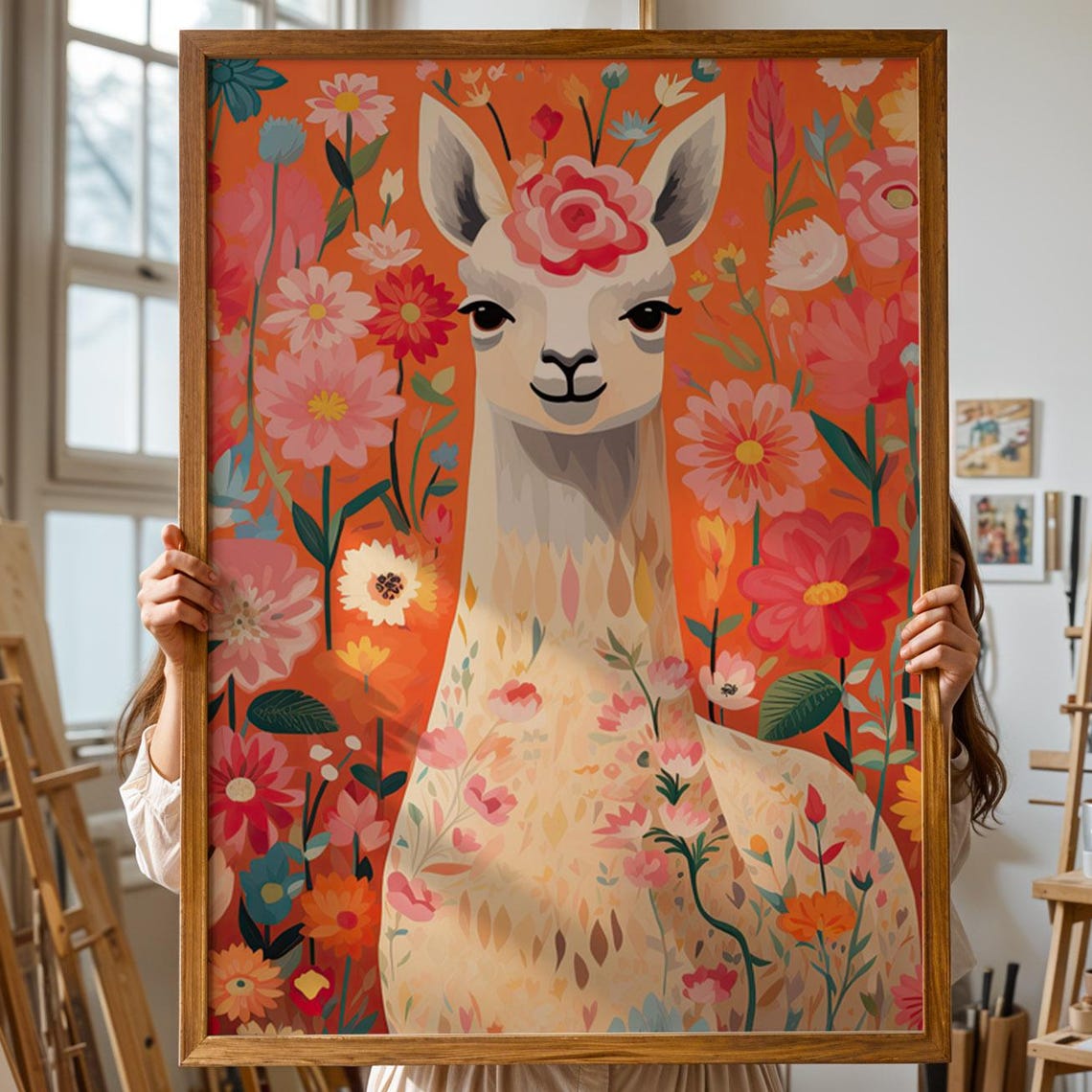 Sweet Smiling Llama Surrounded by Pink Flowers Boho Nursery Poster