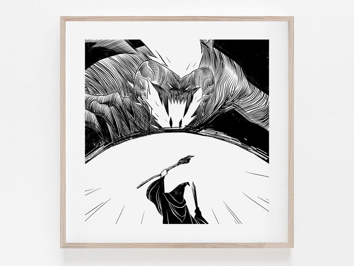 Gandalf Battling Balrog Minimalist Fantasy Art Print