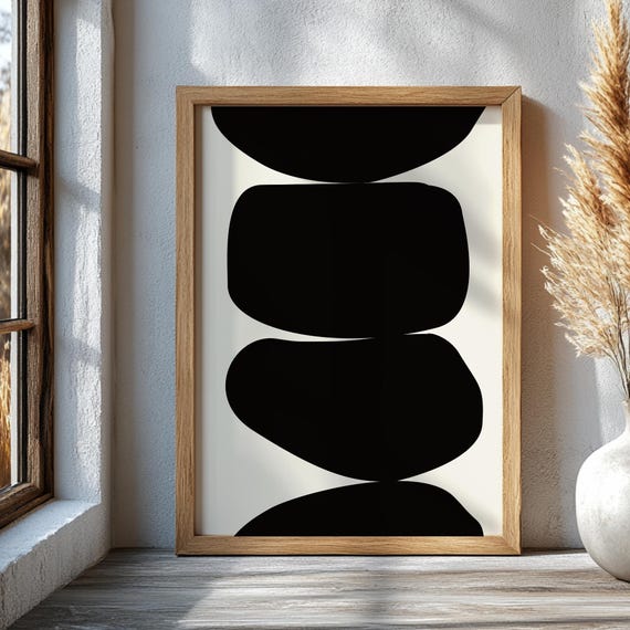 Organic Minimalist Beige And Black Printed Wall Art Modern Abstract Mid Century Poster Large