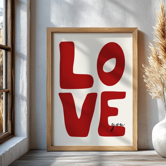 Red Love You Wall Art Romantic Quote Poster Minimalist Typography Sign Valentines Day Gift Modern Bedroom Decor Print