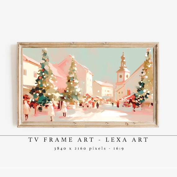 Pastel Christmas Village Market Snowy Town Square Holiday Art Poster