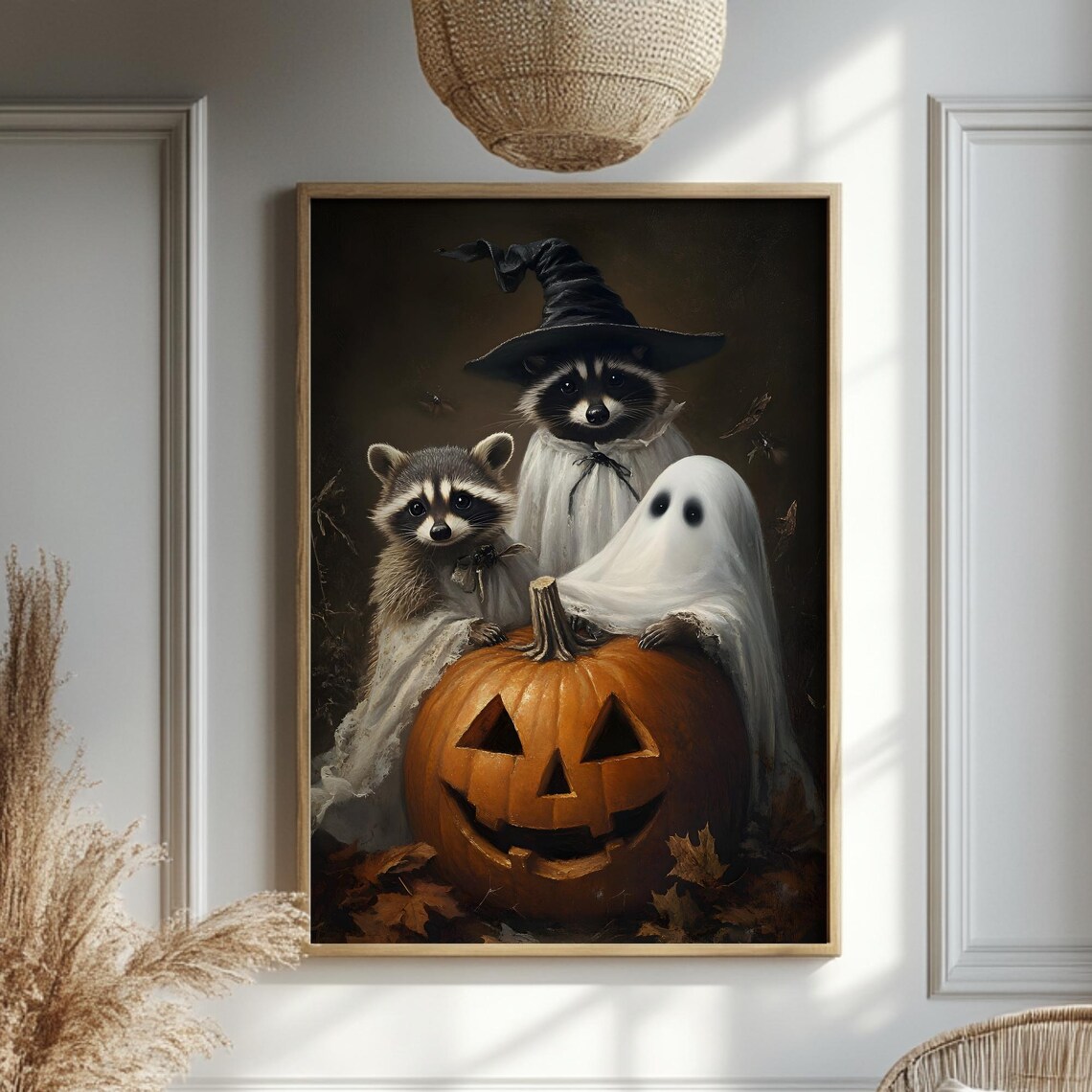 Costumed Raccoons with Jack O Lantern Dark Vintage Halloween Poster