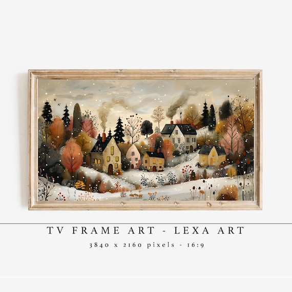 Snowy Winter Village Cottages Chimney Smoke Falling Snow Scene Poster