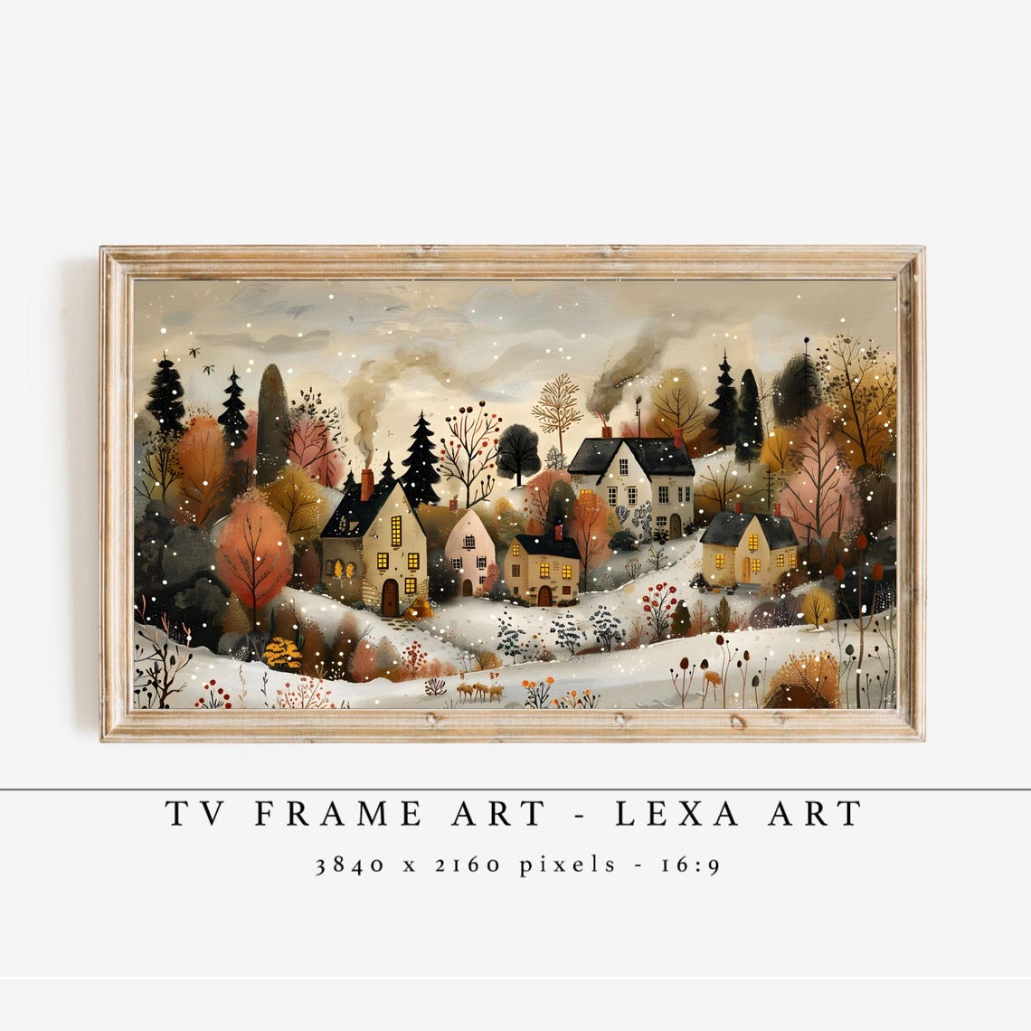 Snowy Winter Village Cottages Chimney Smoke Falling Snow Scene Poster