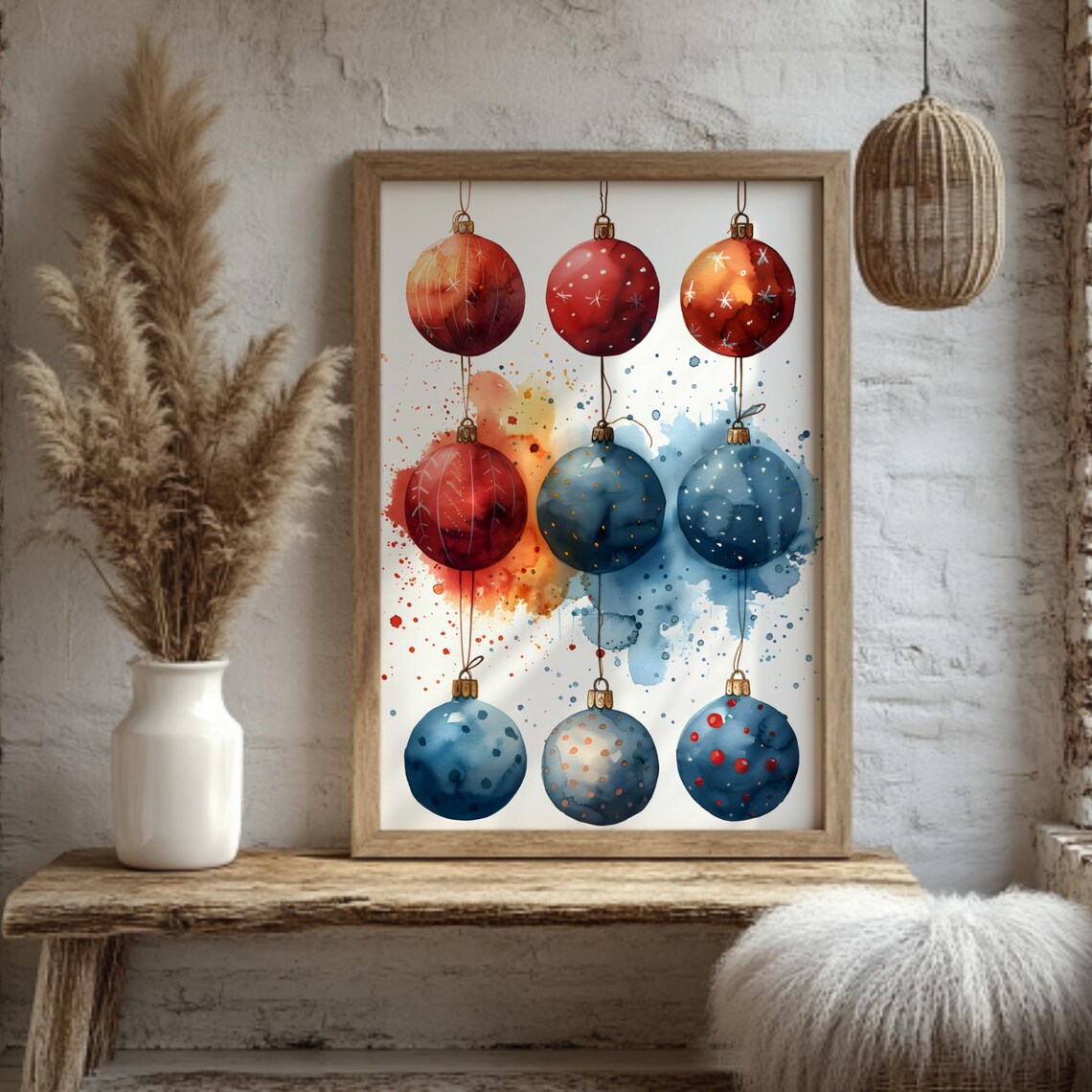 Watercolor Christmas Ornaments Red Blue Baubles Modern Holiday Art Poster