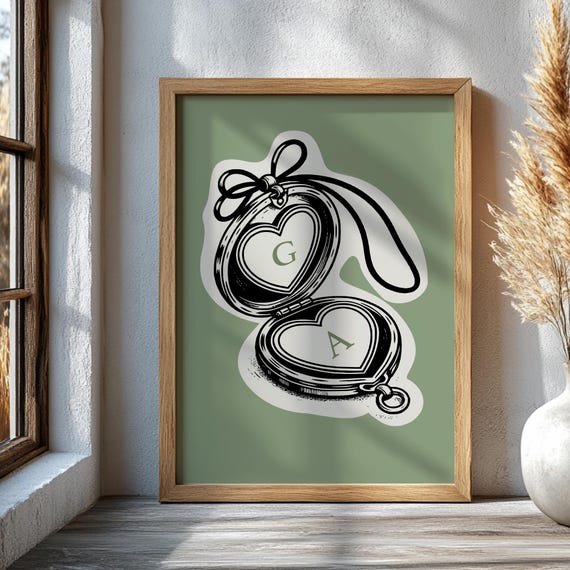 Custom Heart Locket Initial Print Vintage Couple Wall Art Personalized Gift For Her Romantic Anniversary Keepsake Minimalist Love Decor