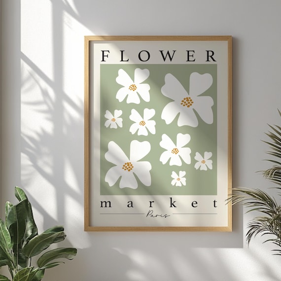 Paris Flower Market Wall Art Sage Green Print Boho Printed Shop Decor Poster Botanical