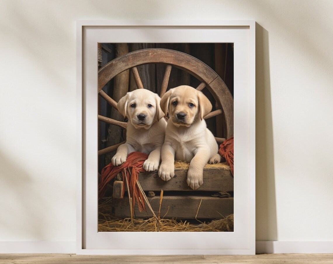 Twin Labrador Puppies, Photorealism Art Print