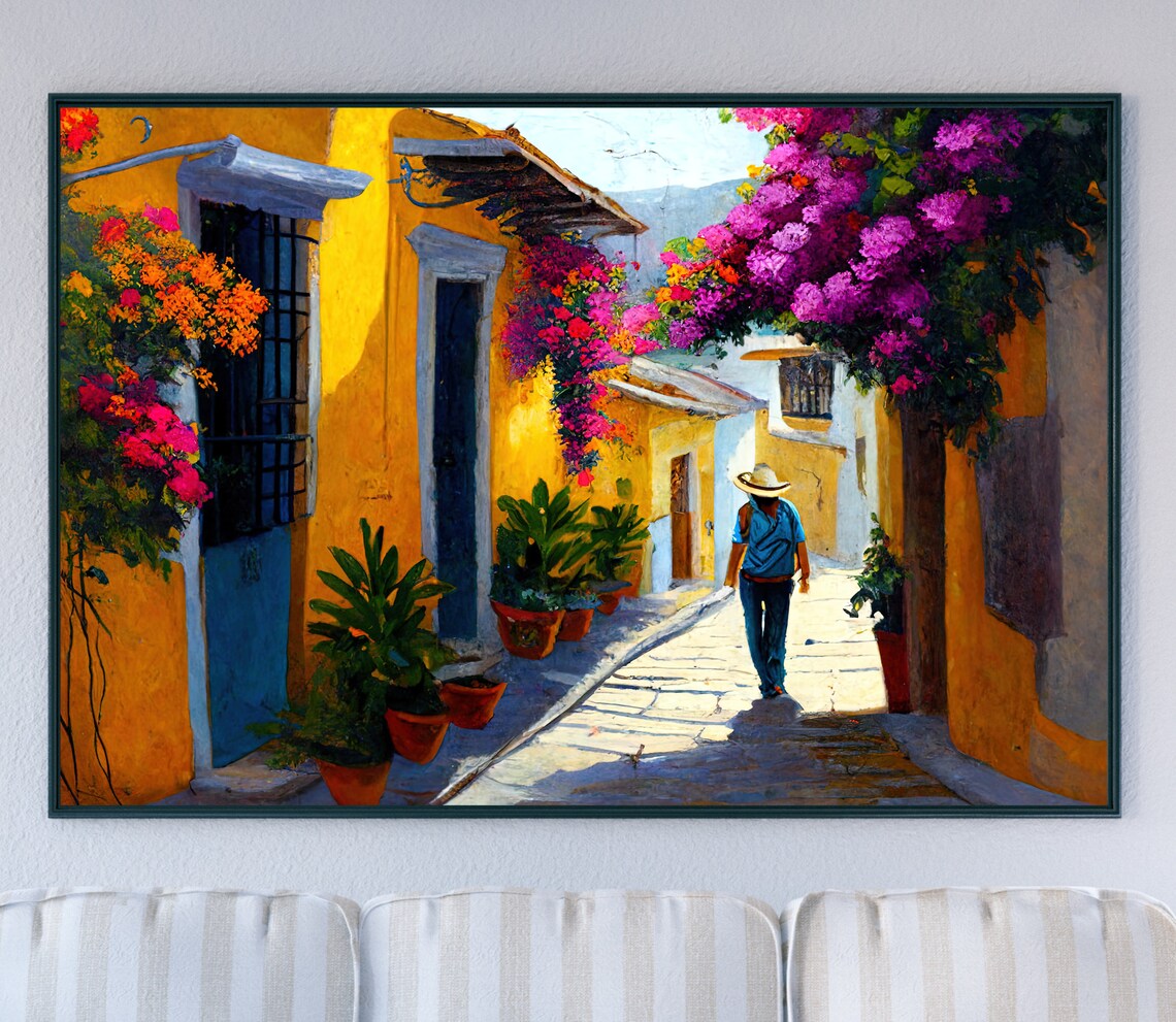 Oaxaca Mexico Sunny Street Bougainvillea Alley Market Scene Poster - Image 5
