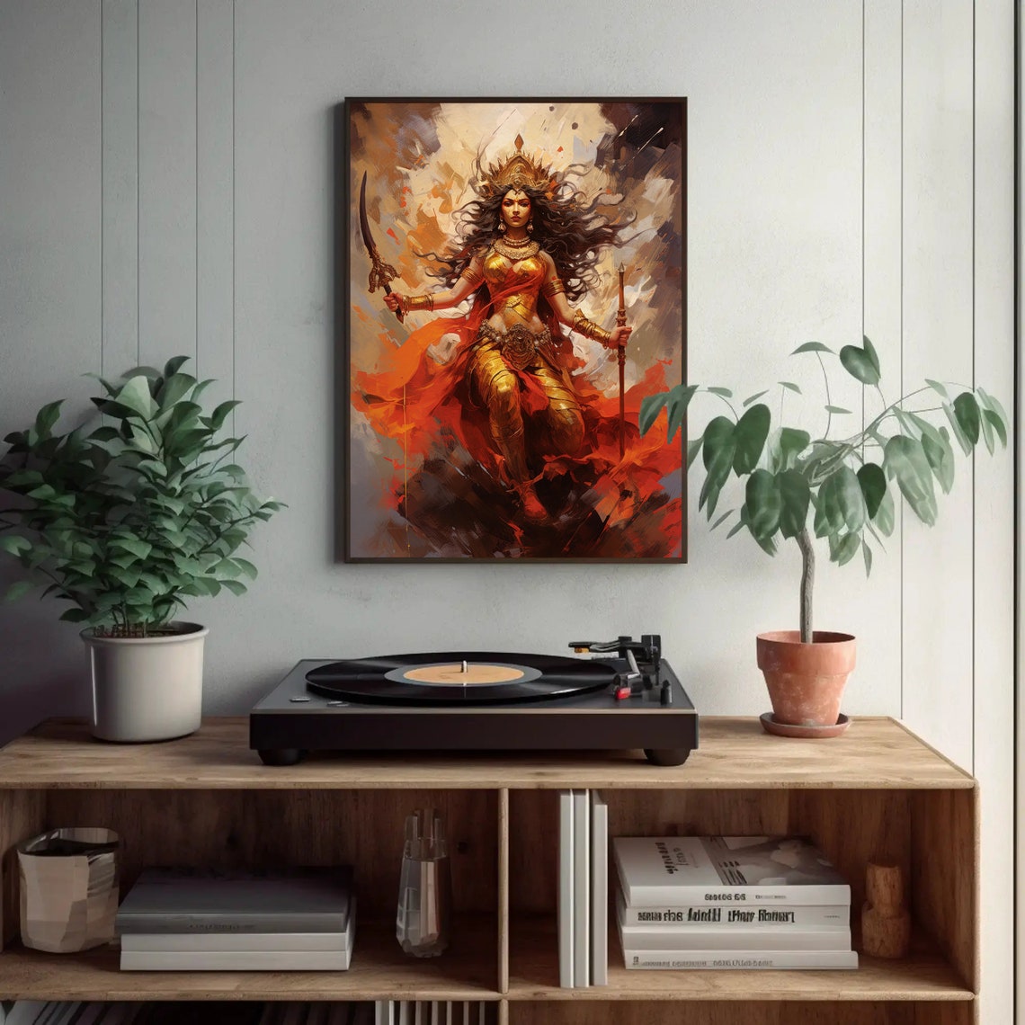 Warrior Goddess Durga In Red And Gold Holding Sword Art Poster - Image 2