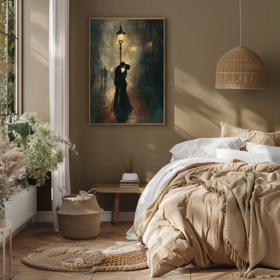 Romantic Couple Under a Glowing Streetlamp on a Rainy Night Poster - Image 2