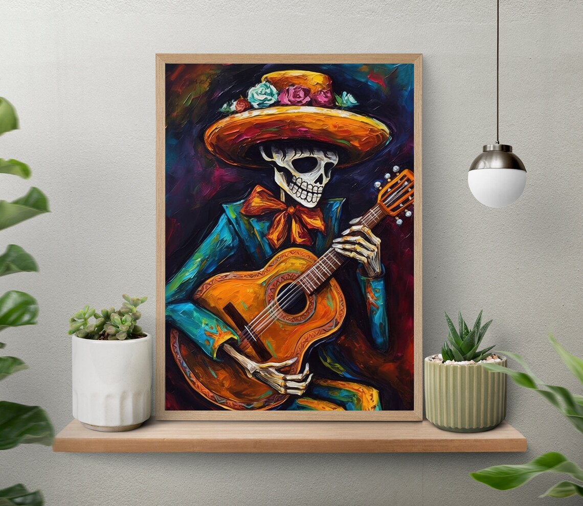 Mexican Mariachi Cowboy Skeleton Guitarist Art Print - Image 4