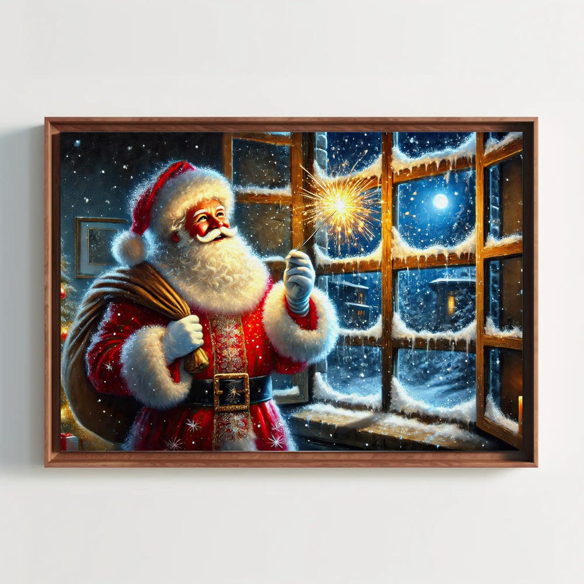 Santa Claus Holding A Sparkler By A Snowy Night Window Poster