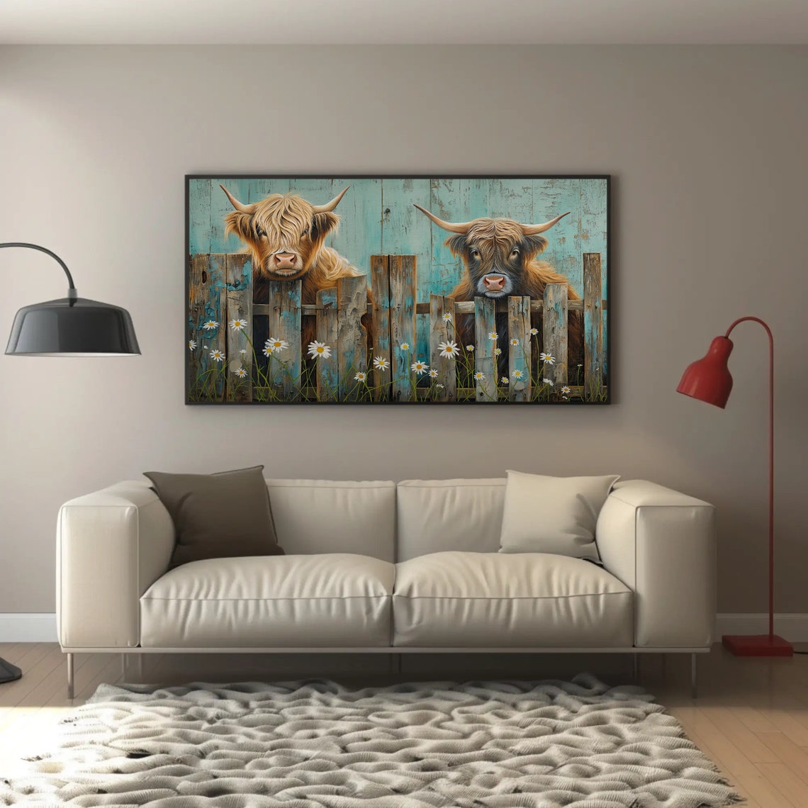 Two Shaggy Highland Cows Peeking Over a Fence With Daisies Poster - Image 4