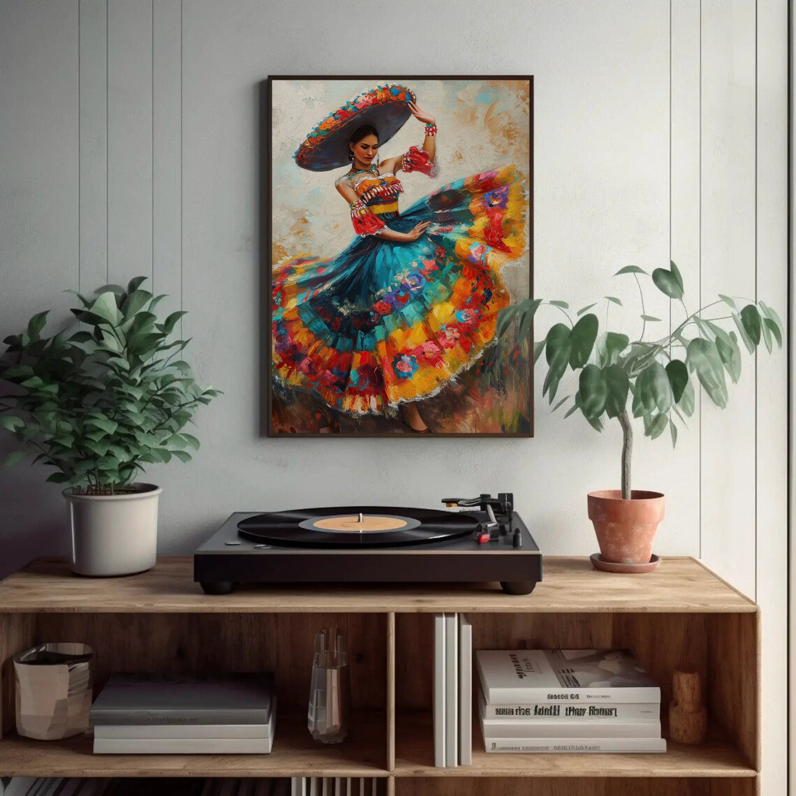 Mexican Folkloric Dancer Oil Painting Poster Traditional Floral Dress - Image 3