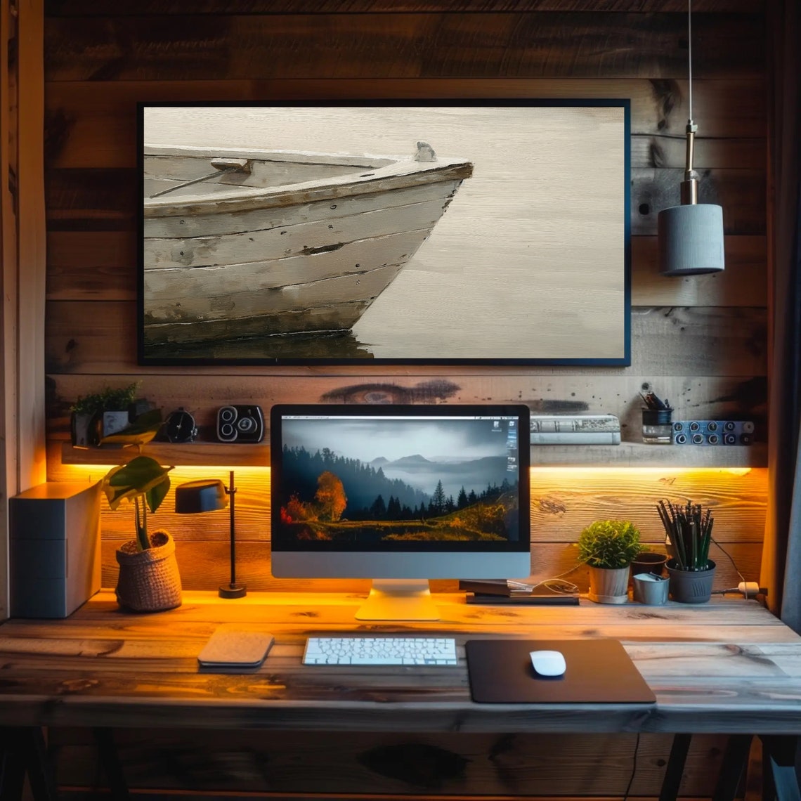 Close Up Old Wooden Boat Oil Painting Rustic Lake House And Boathouse Art Vintage Nautical Decor Ideal For Living Room Bedroom Office - Image 3