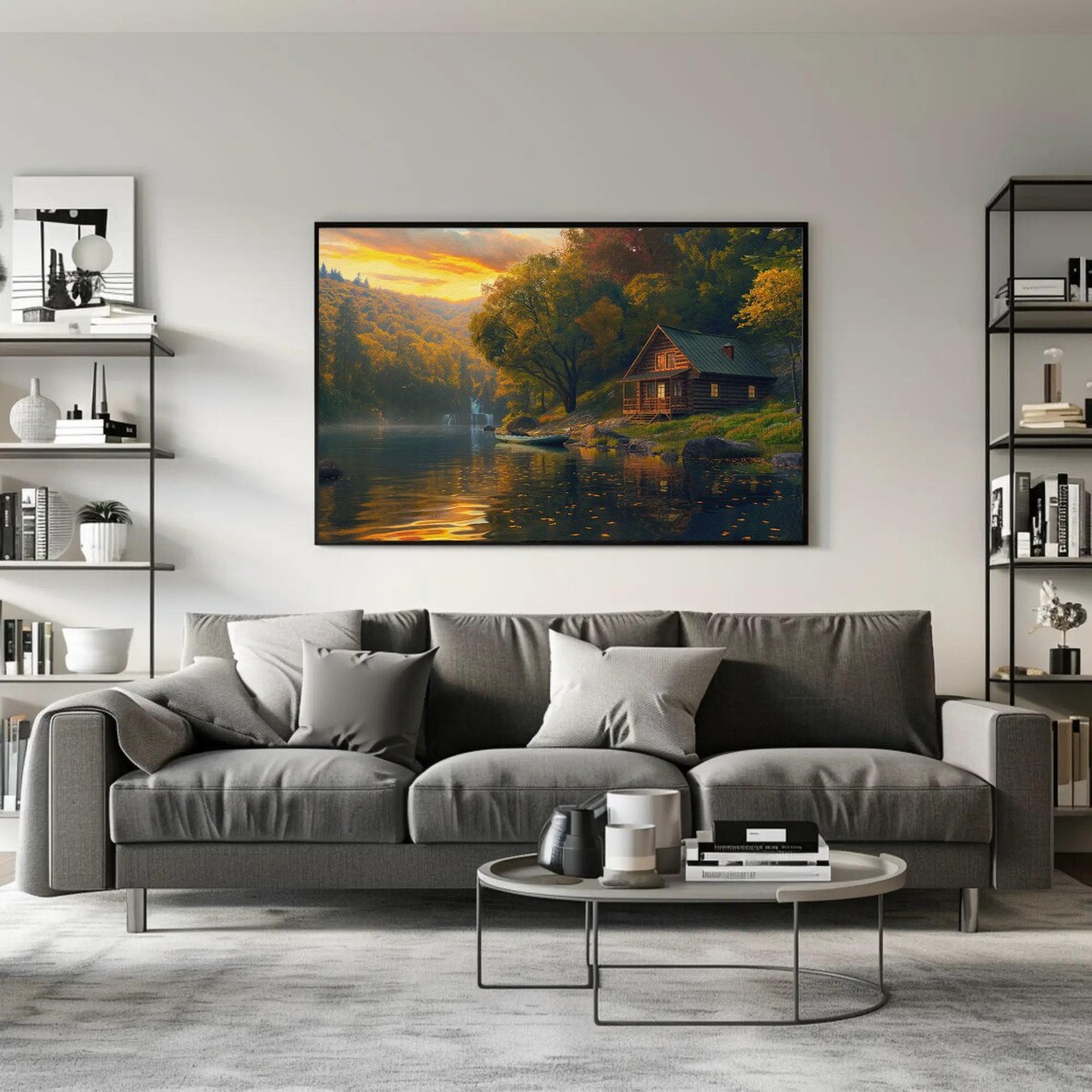 Serene Log Cabin By The Lake At Sunset Autumn Landscape Art Poster - Image 3