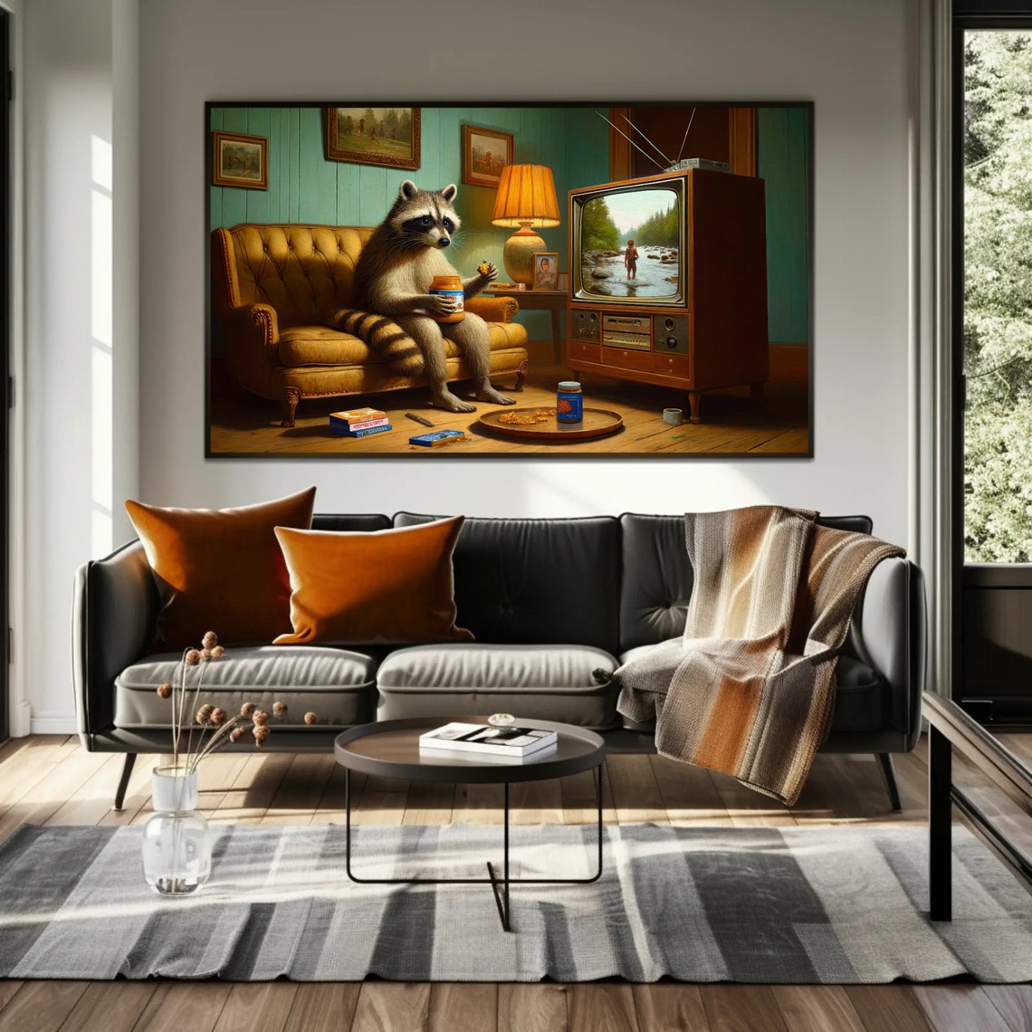 Raccoon Watching TV On Couch With Peanut Butter Jar Oil Poster - Image 3