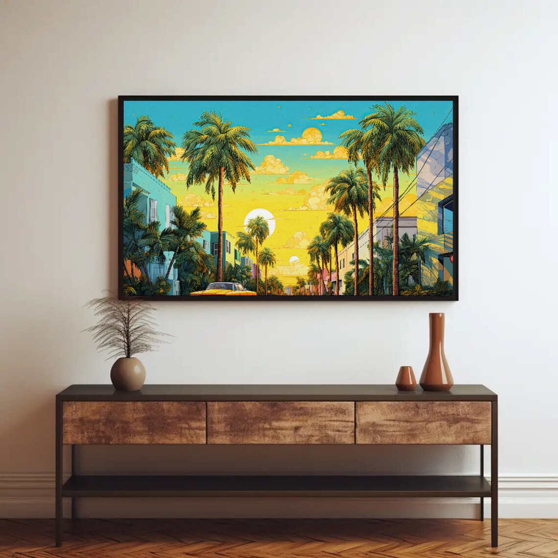 Miami Palm Street Sunset With Classic Car Retro Pop Art Poster - Image 3