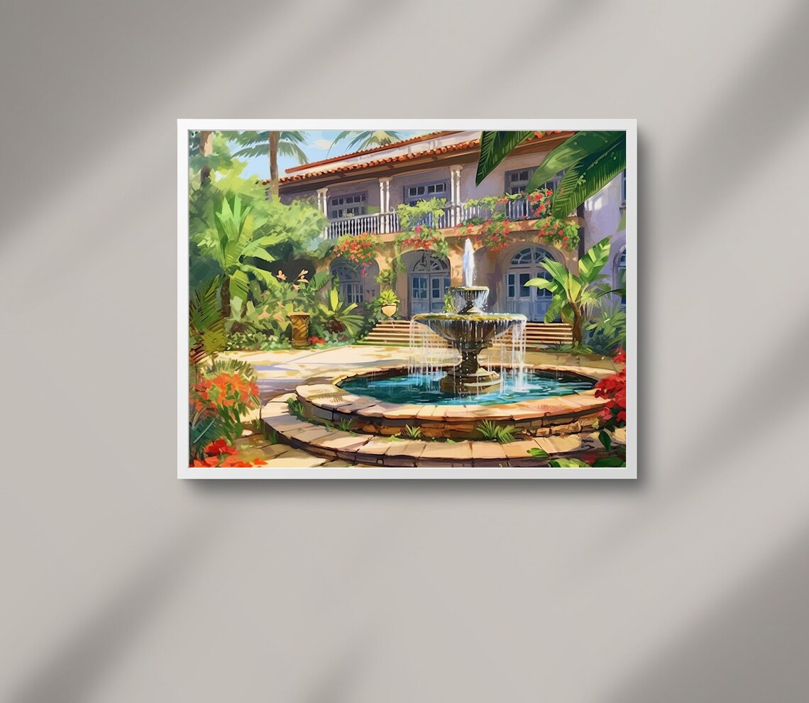 Mexican Colonial Home Fountain Palm Garden White Villa Art Poster - Image 3