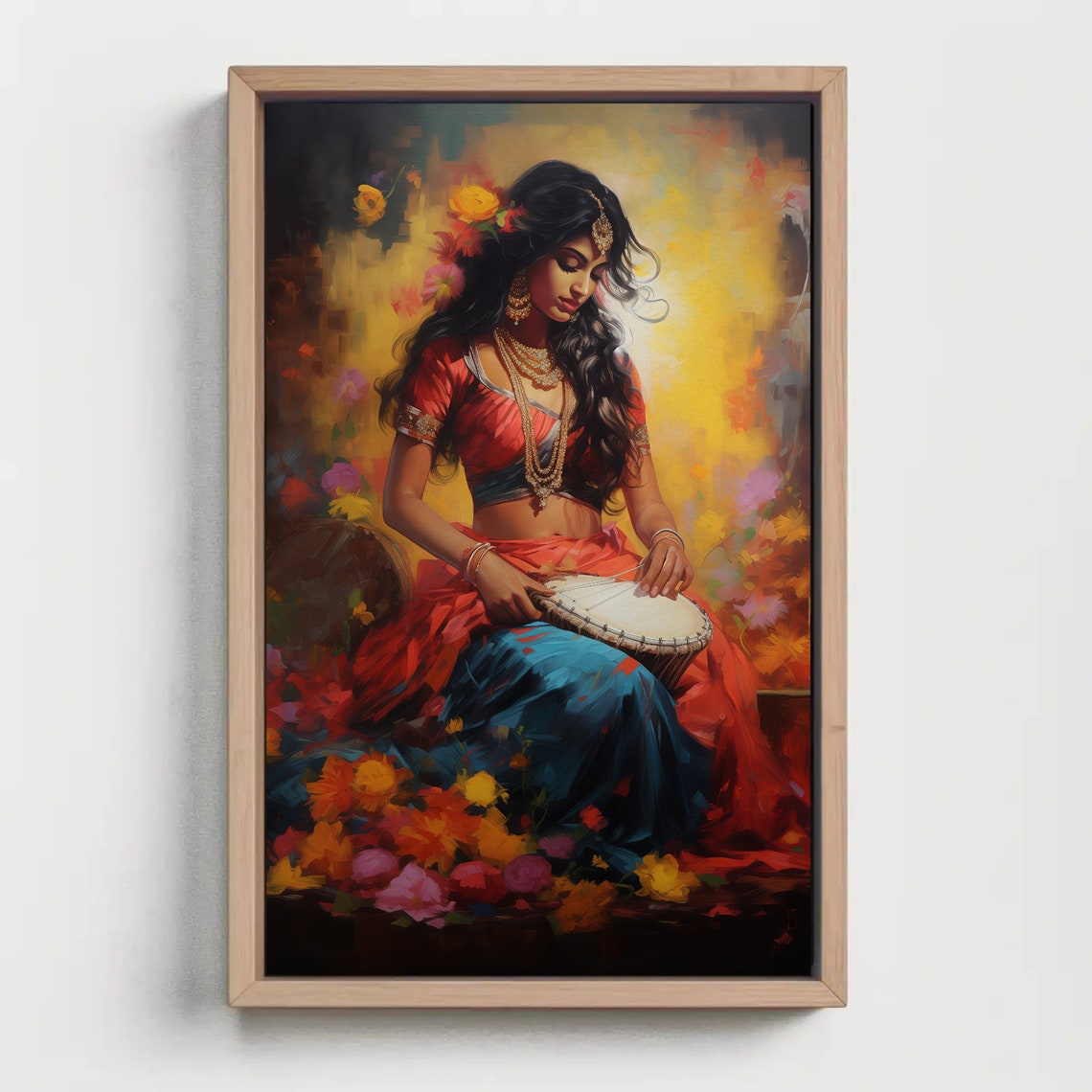 Indian Woman Playing Hand Drum in Red Sari Oil Painting Art Poster - Image 5